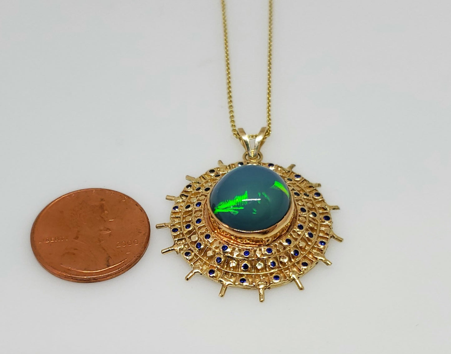 Blue Opal & Sapphire Pendant 14k Gold #106