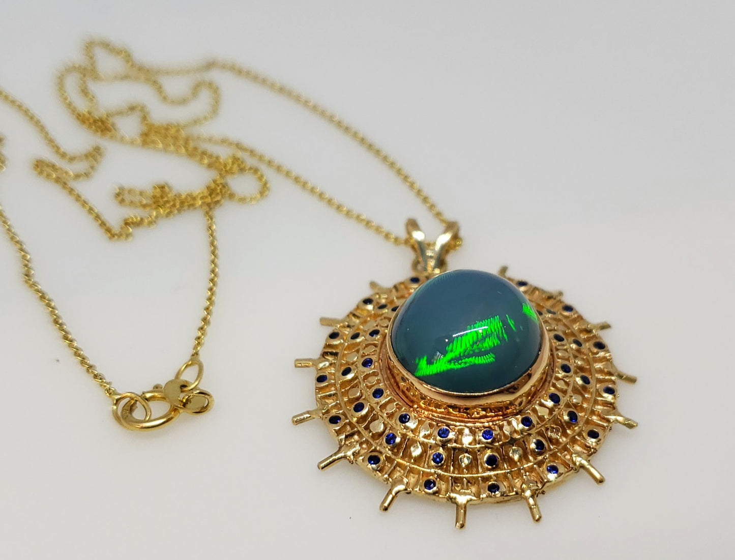 Blue Opal & Sapphire Pendant 14k Gold #106