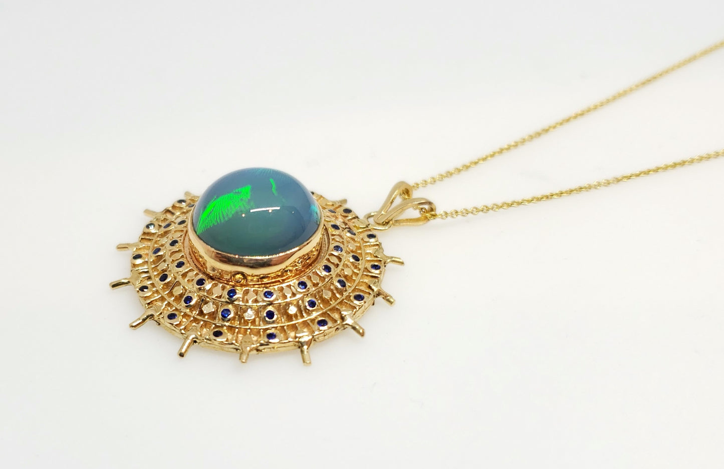 Blue Opal & Sapphire Pendant 14k Gold #106