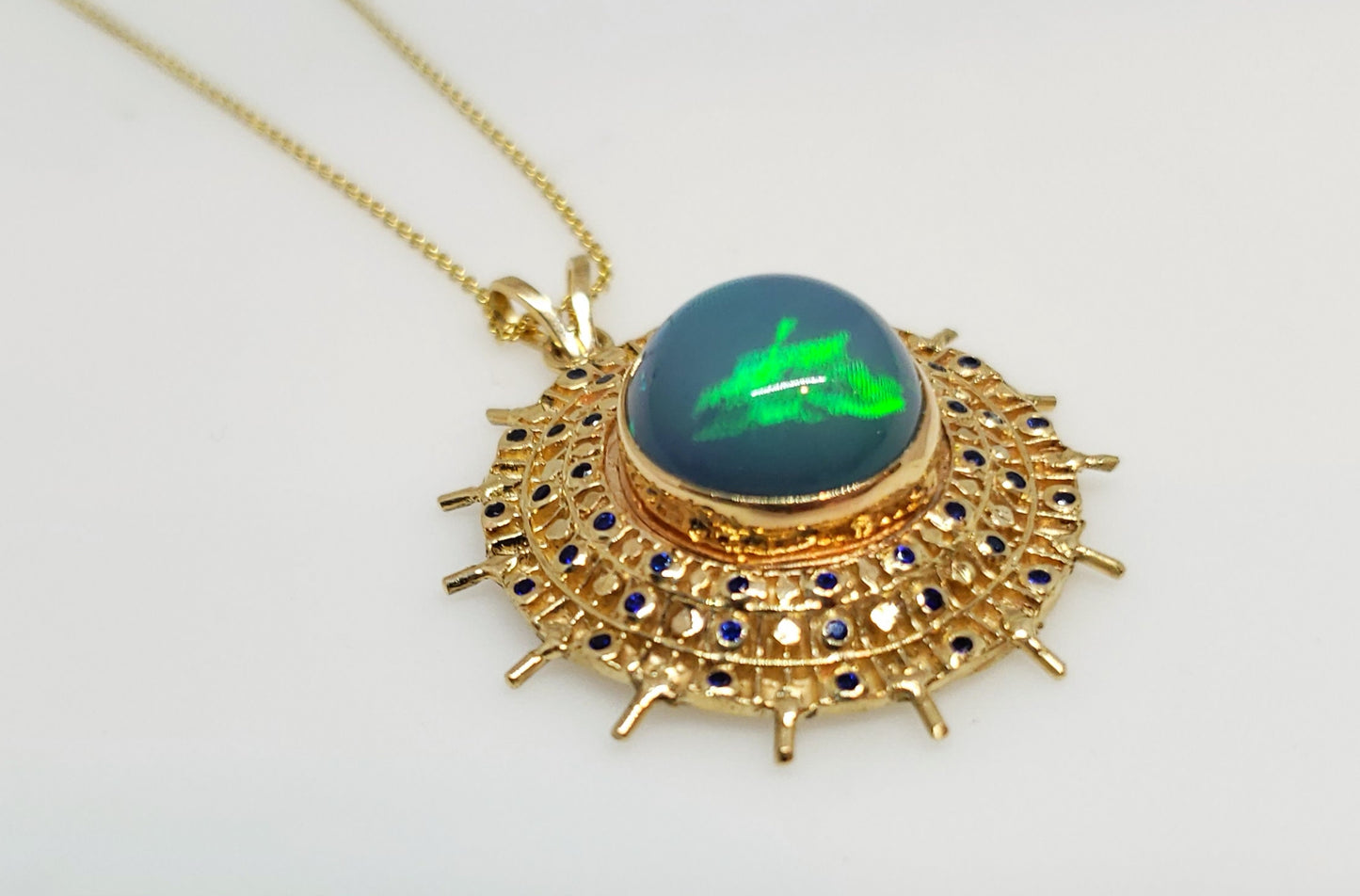 Blue Opal & Sapphire Pendant 14k Gold #106