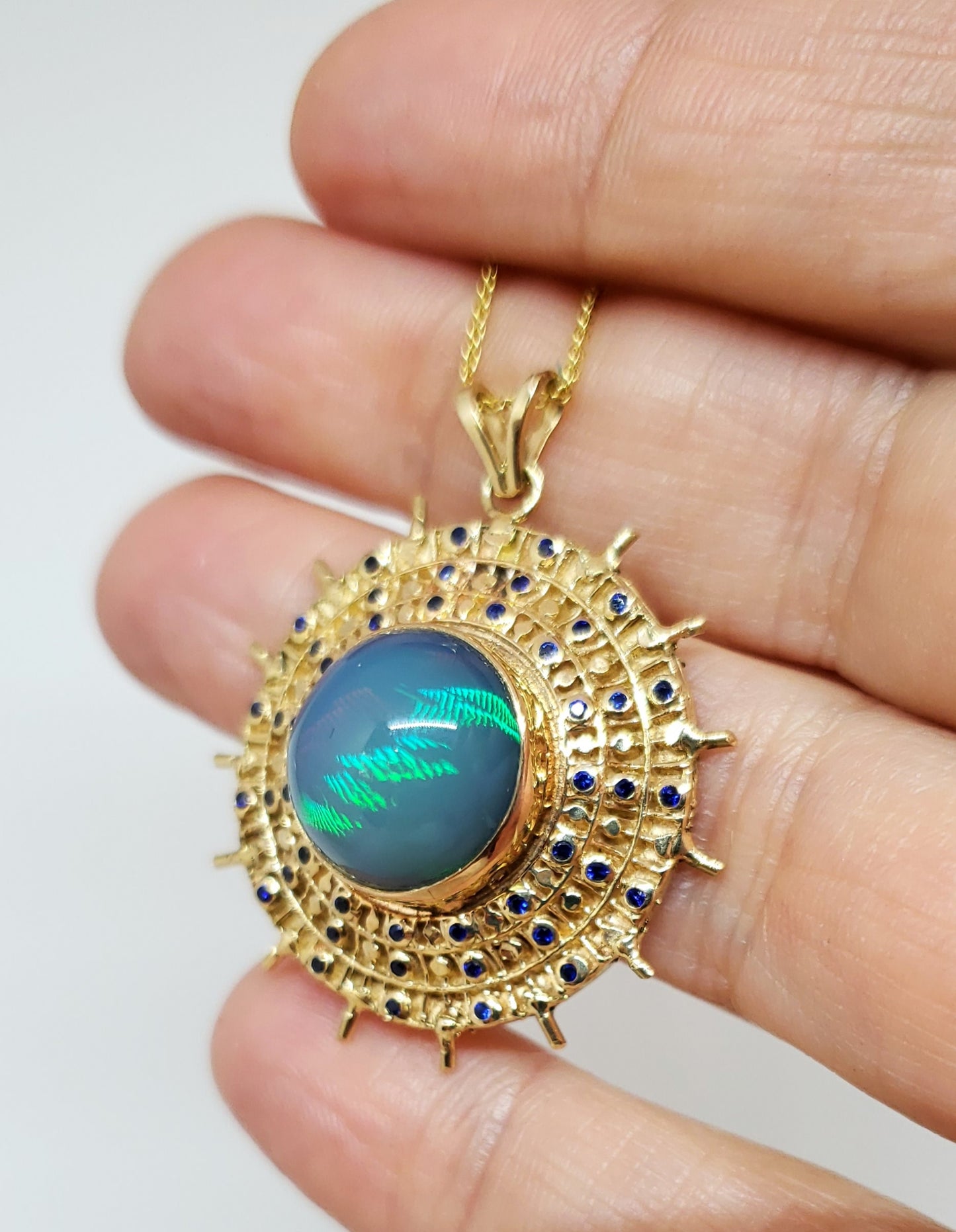 Blue Opal & Sapphire Pendant 14k Gold #106