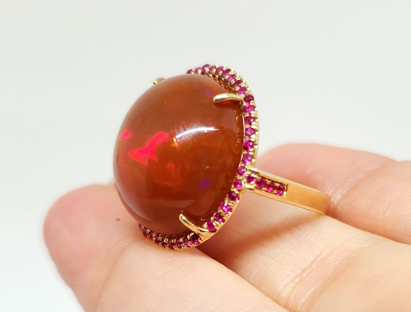 Huge Brown Red Opal & Ruby Ring 14k Gold #110