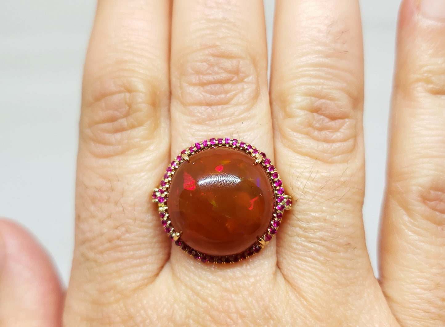 Huge Brown Red Opal & Ruby Ring 14k Gold #110