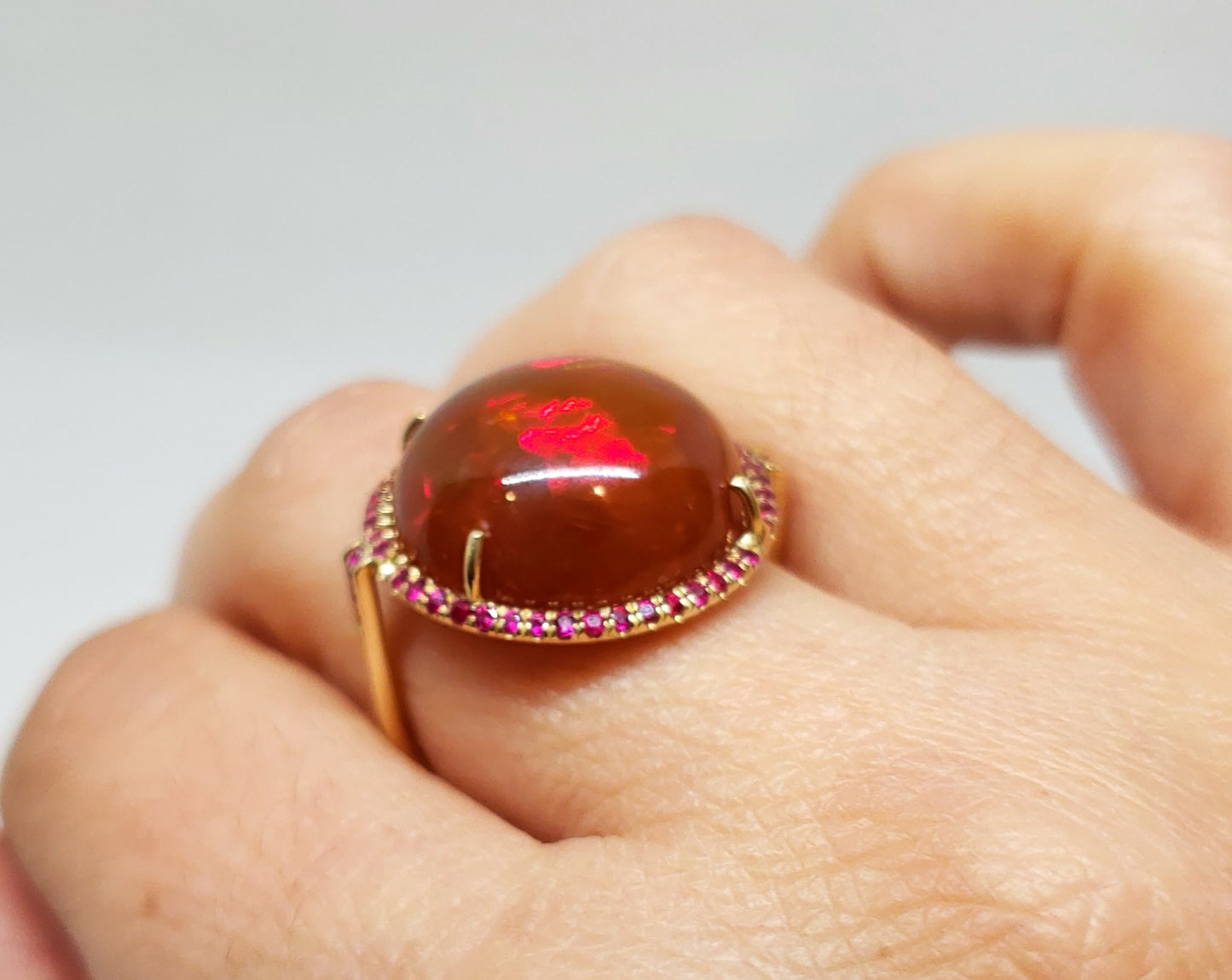 Huge Brown Red Opal & Ruby Ring 14k Gold #110