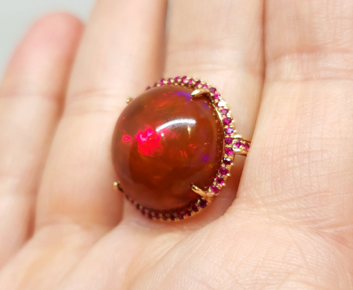 Huge Brown Red Opal & Ruby Ring 14k Gold #110