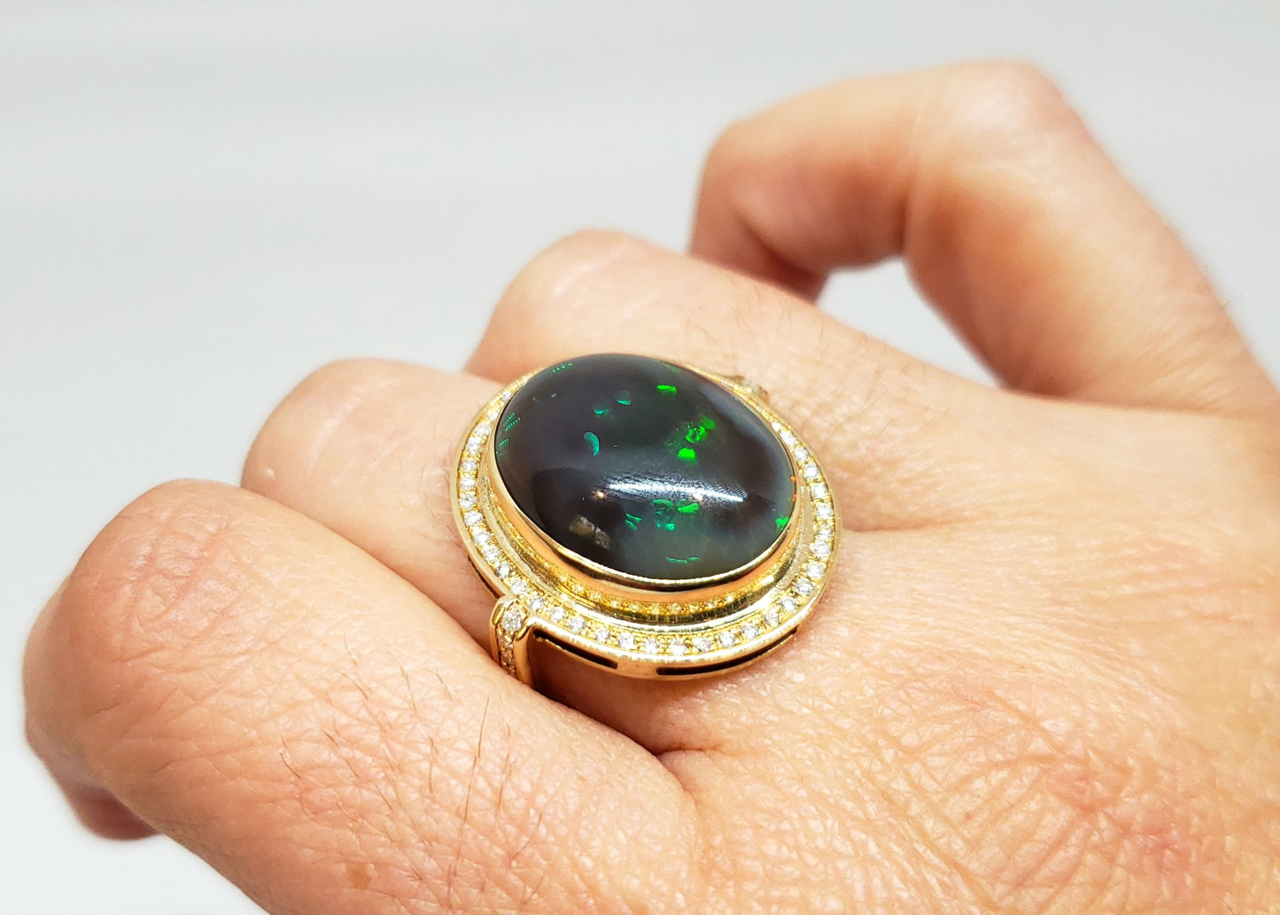 Natural Black Opal & Diamond Ring 14k Gold #111
