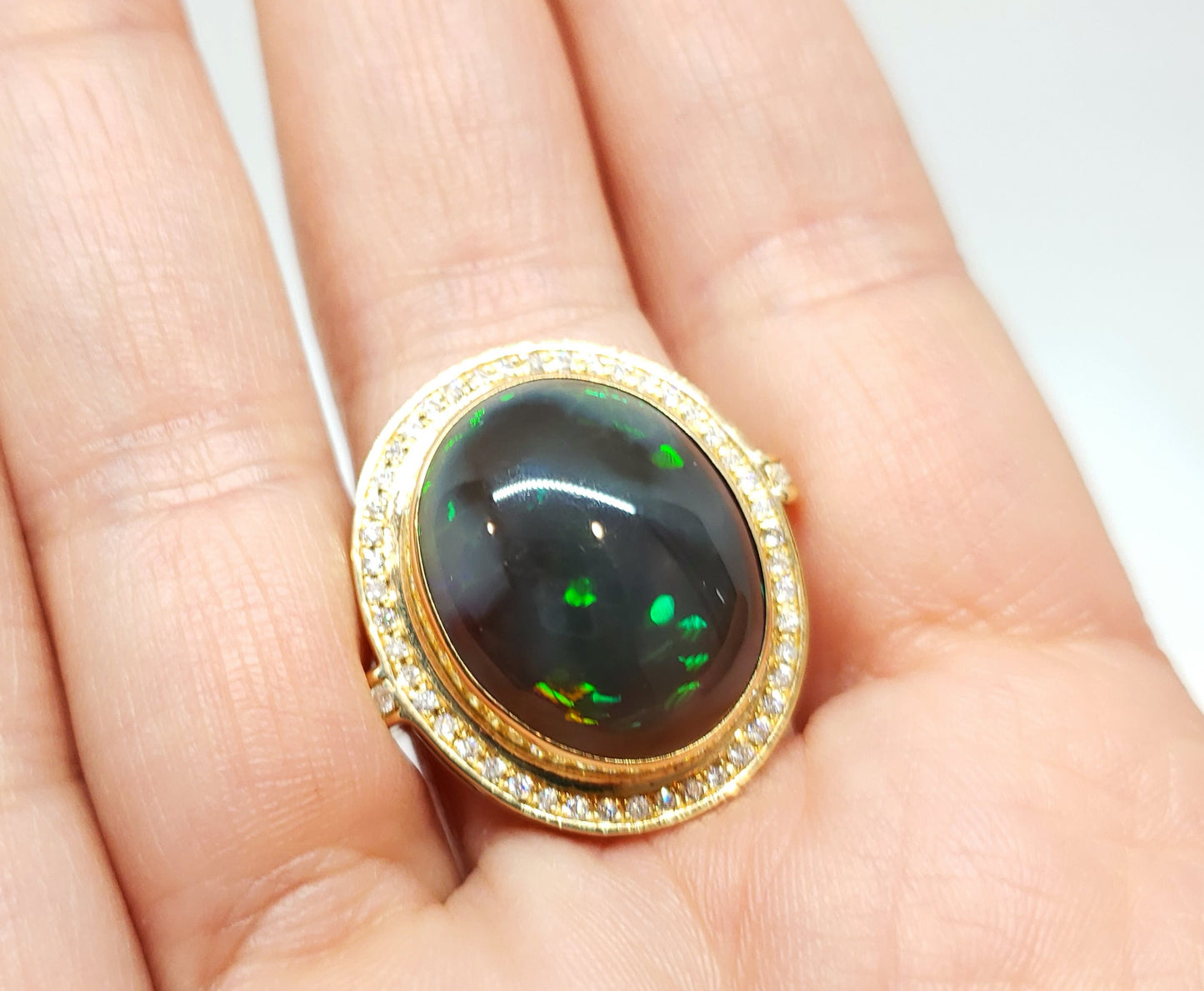 Natural Black Opal & Diamond Ring 14k Gold #111