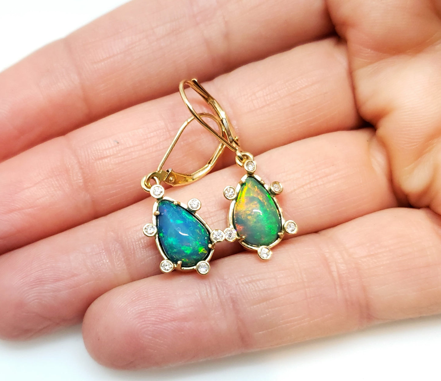 Blue Opal & Diamond Earrings 14k Gold #113