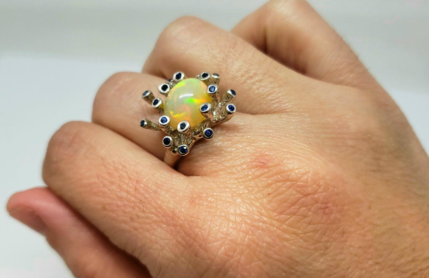 Opal & Sapphire Sterling Silver Ring #114