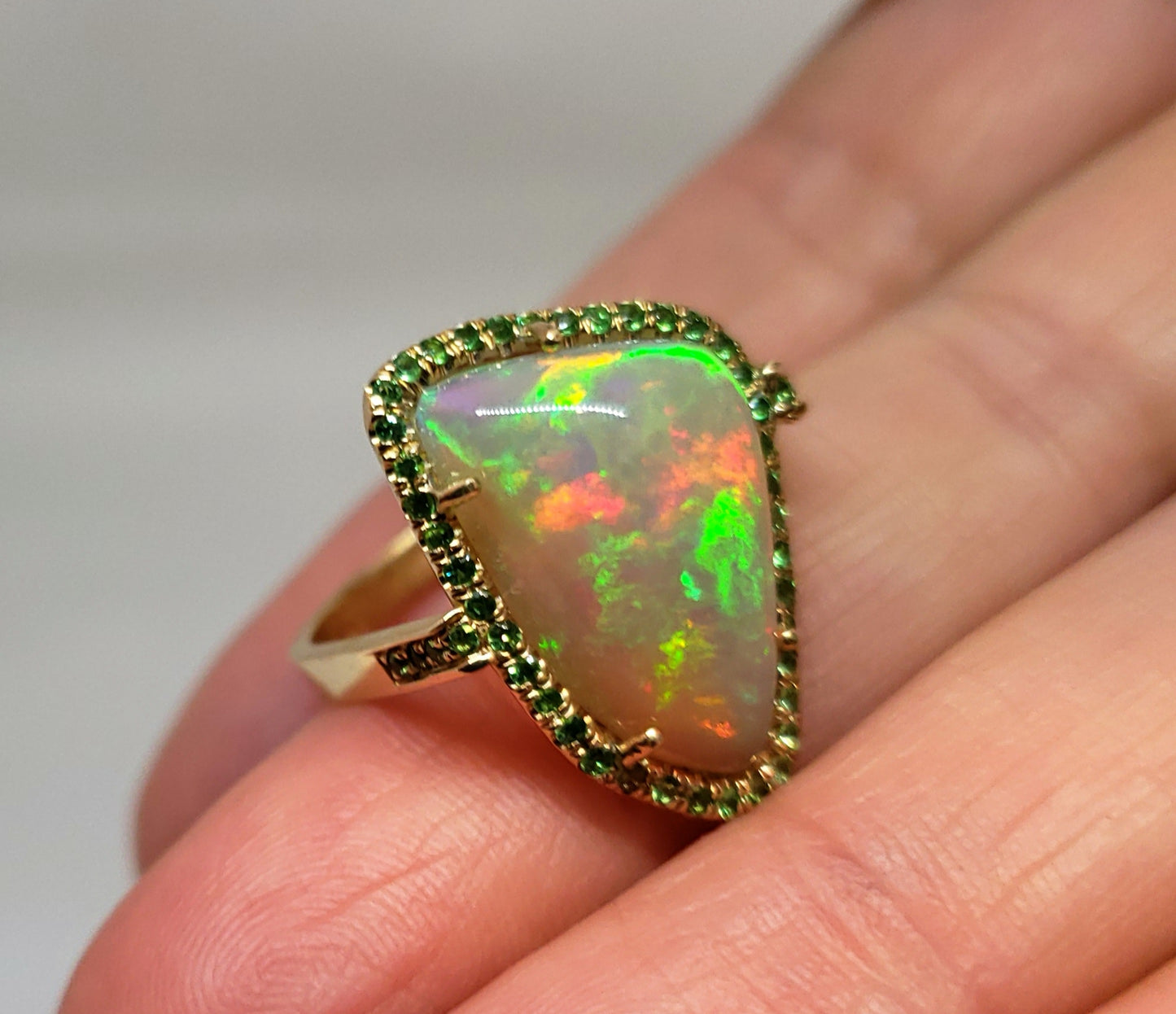 Opal & Tsavorite Garnet Ring 14k Gold #117