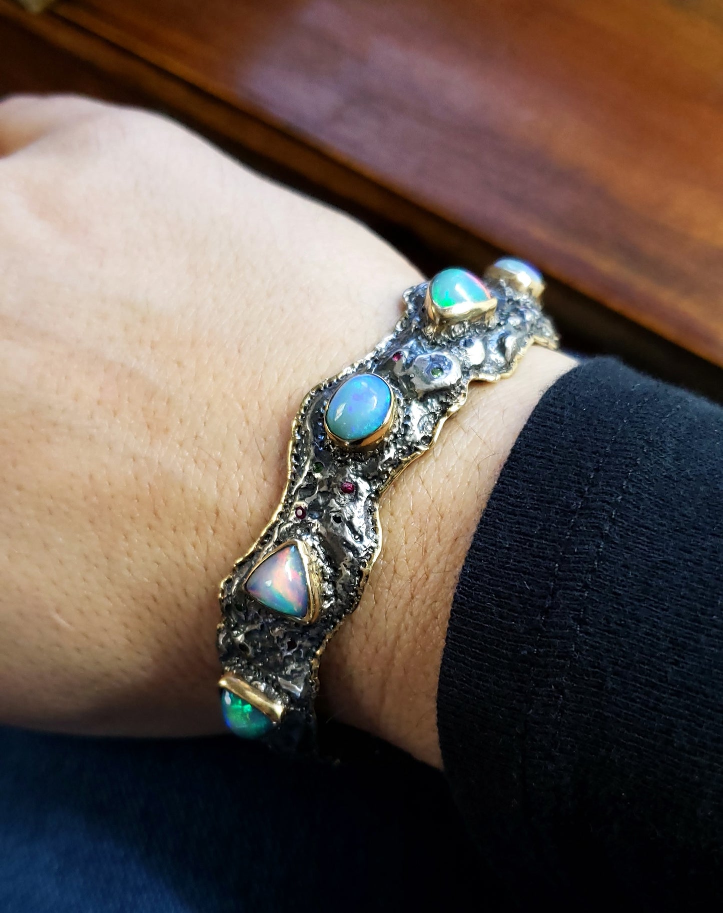 Silver & Gold Opal Gemstone Cuff Bracelet #123