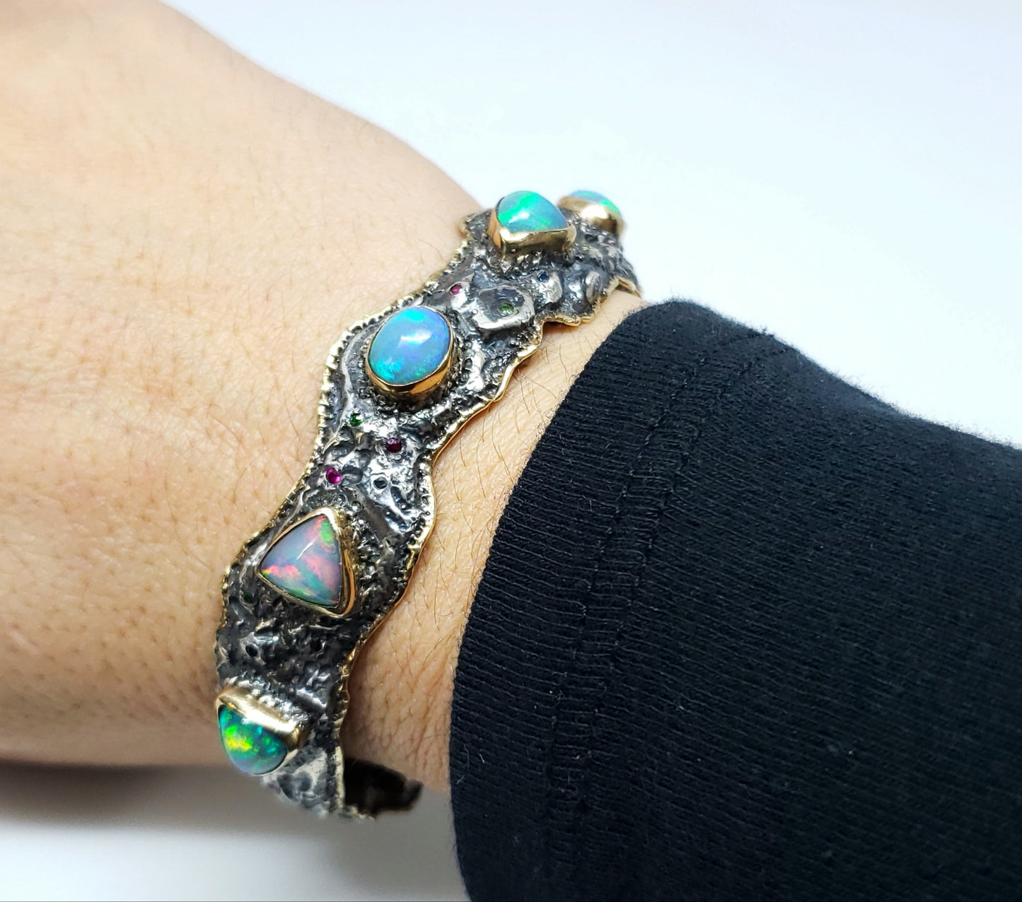 Silver & Gold Opal Gemstone Cuff Bracelet #123