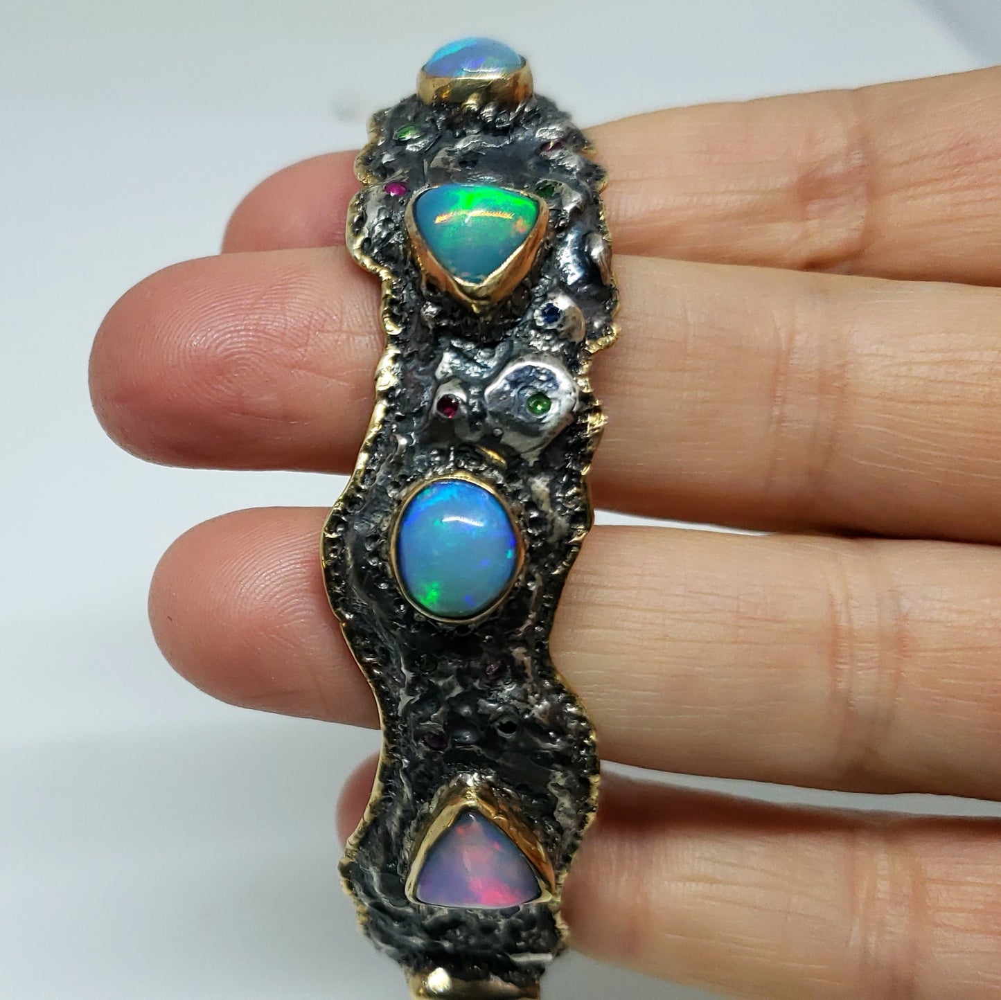 Silver & Gold Opal Gemstone Cuff Bracelet #123
