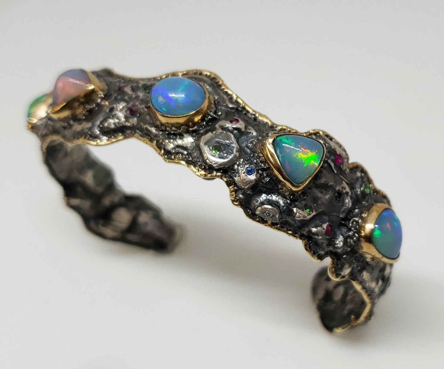 Silver & Gold Opal Gemstone Cuff Bracelet #123