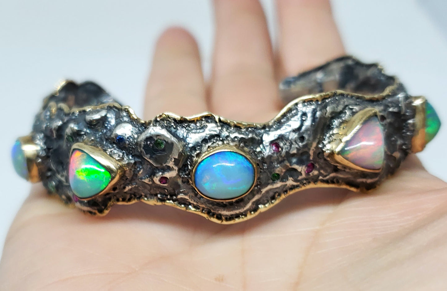 Silver & Gold Opal Gemstone Cuff Bracelet #123