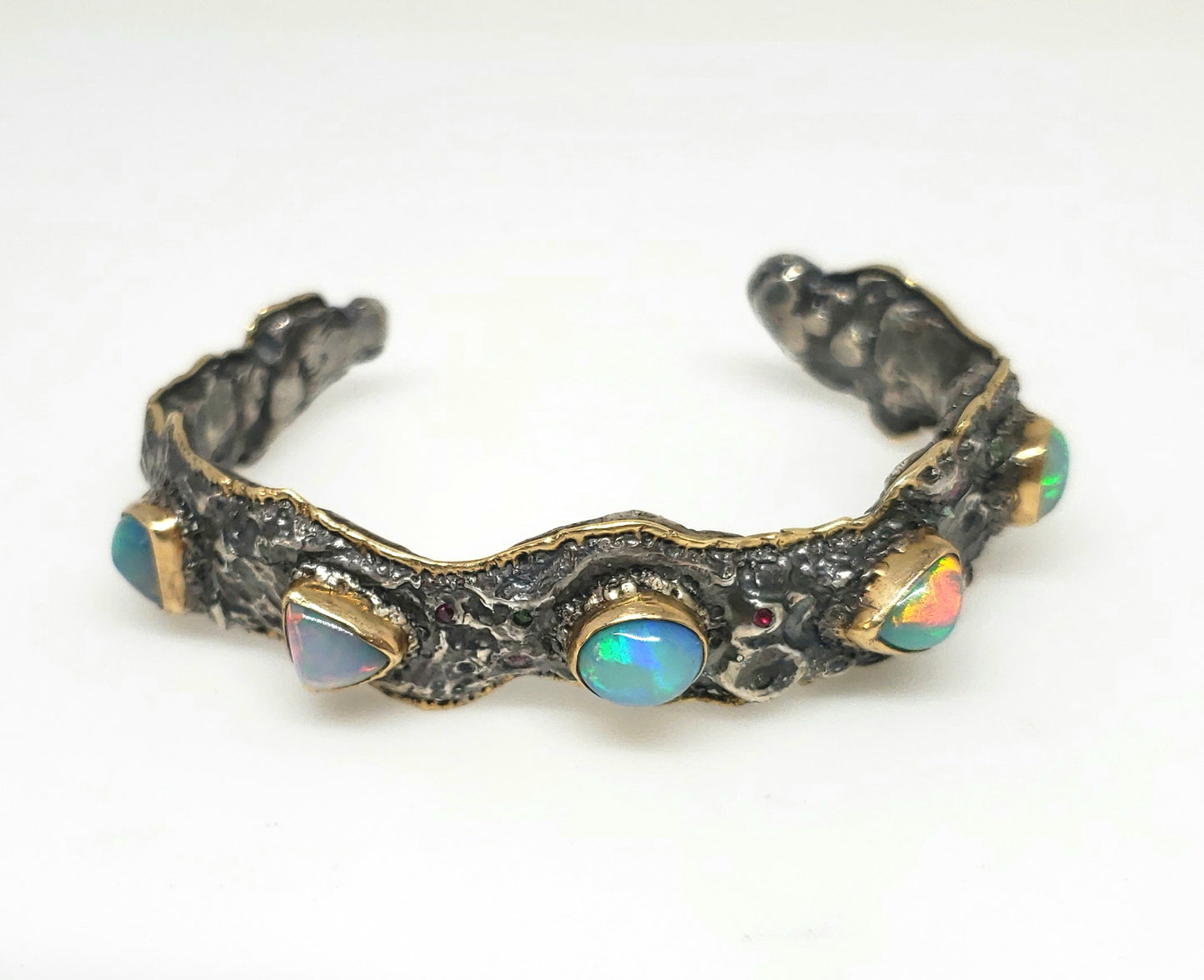 Silver & Gold Opal Gemstone Cuff Bracelet #123
