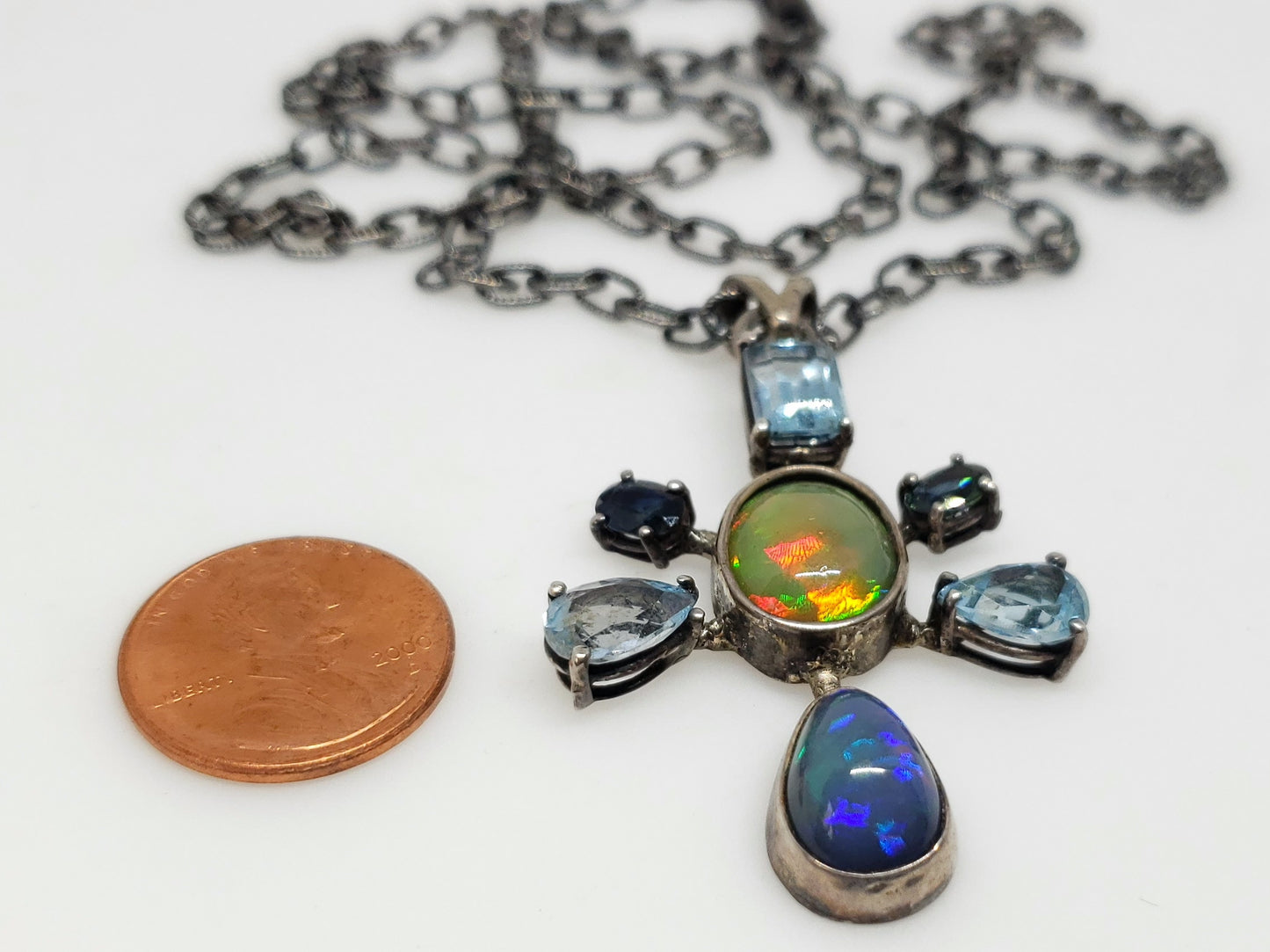 Opal & Aquamarine Silver Pendant Necklace #131