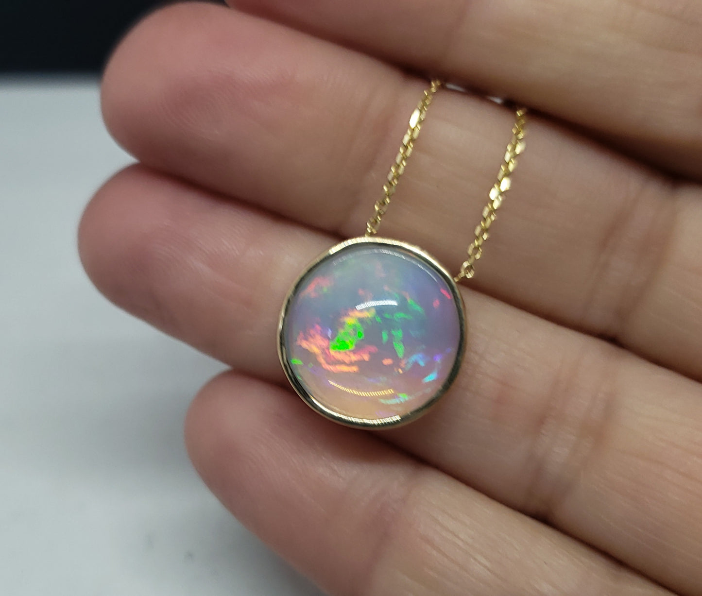 Natural muti-color Opal Pendant 14k Yellow Gold Chain Necklace #147