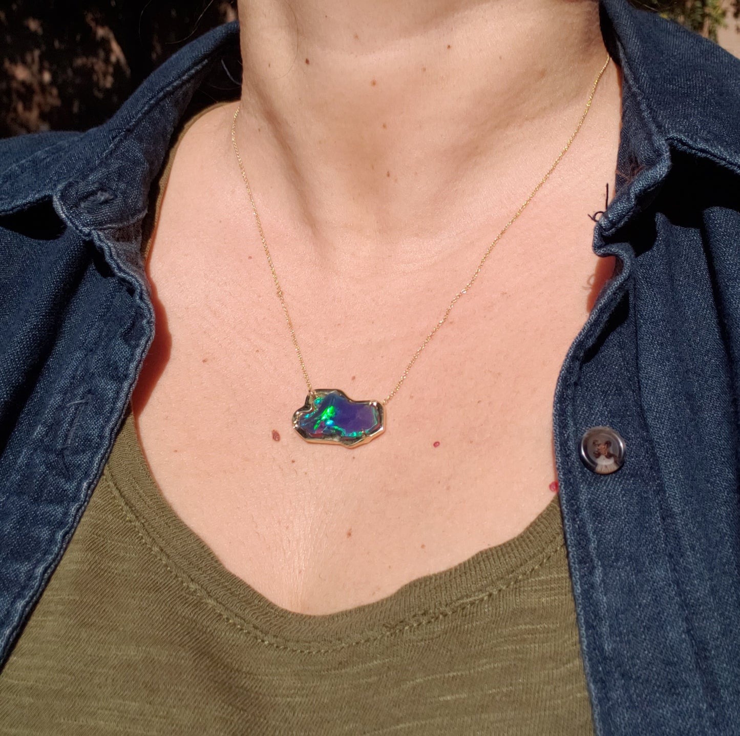 Black Carved Opal Pendant 14k Yellow Gold Split Chain Necklace #220