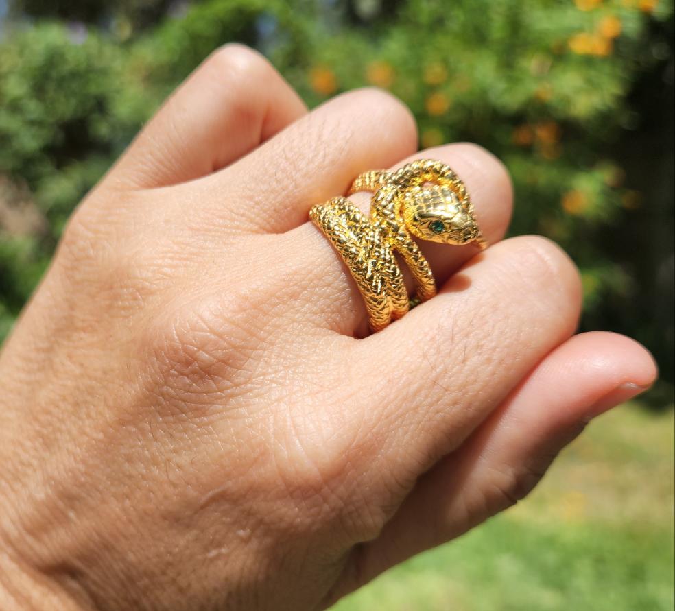 Snake Ring with Emerald Eyes 24k Yellow Gold Vermeil #327