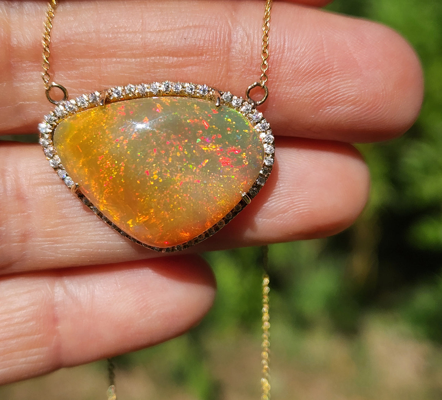 Fire Opal & Moissanite Pendant 14k Yellow Gold Gemstone Necklace #352