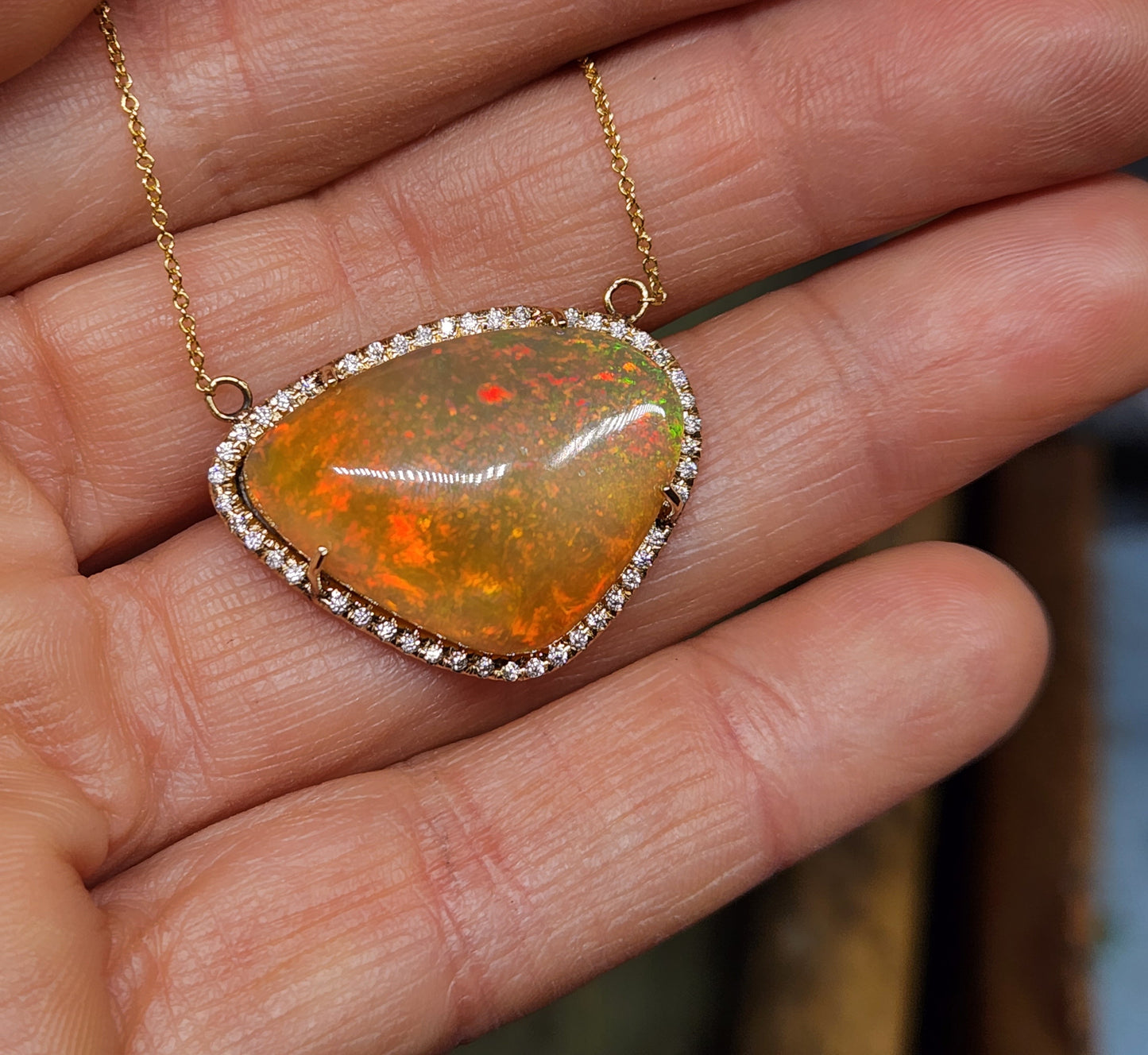 Fire Opal & Moissanite Pendant 14k Yellow Gold Gemstone Necklace #352