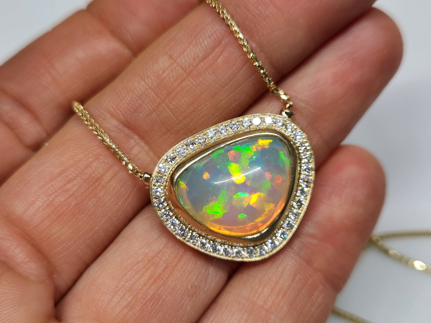 Opal & Diamond 14k Gold Pendant Split Chain Necklace #361