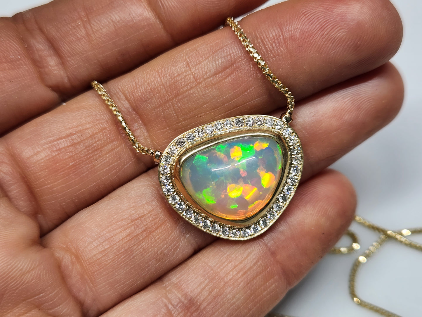 Opal & Diamond 14k Gold Pendant Split Chain Necklace #361
