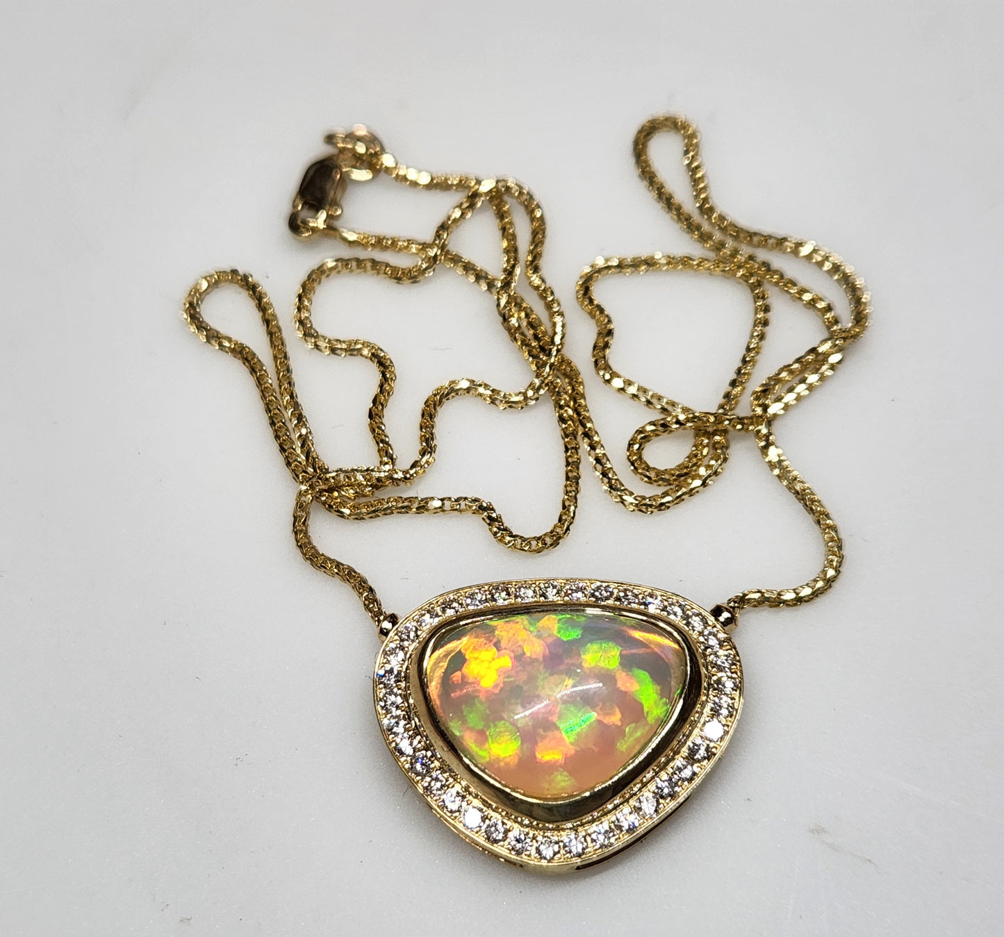 Opal & Diamond 14k Gold Pendant Split Chain Necklace #361