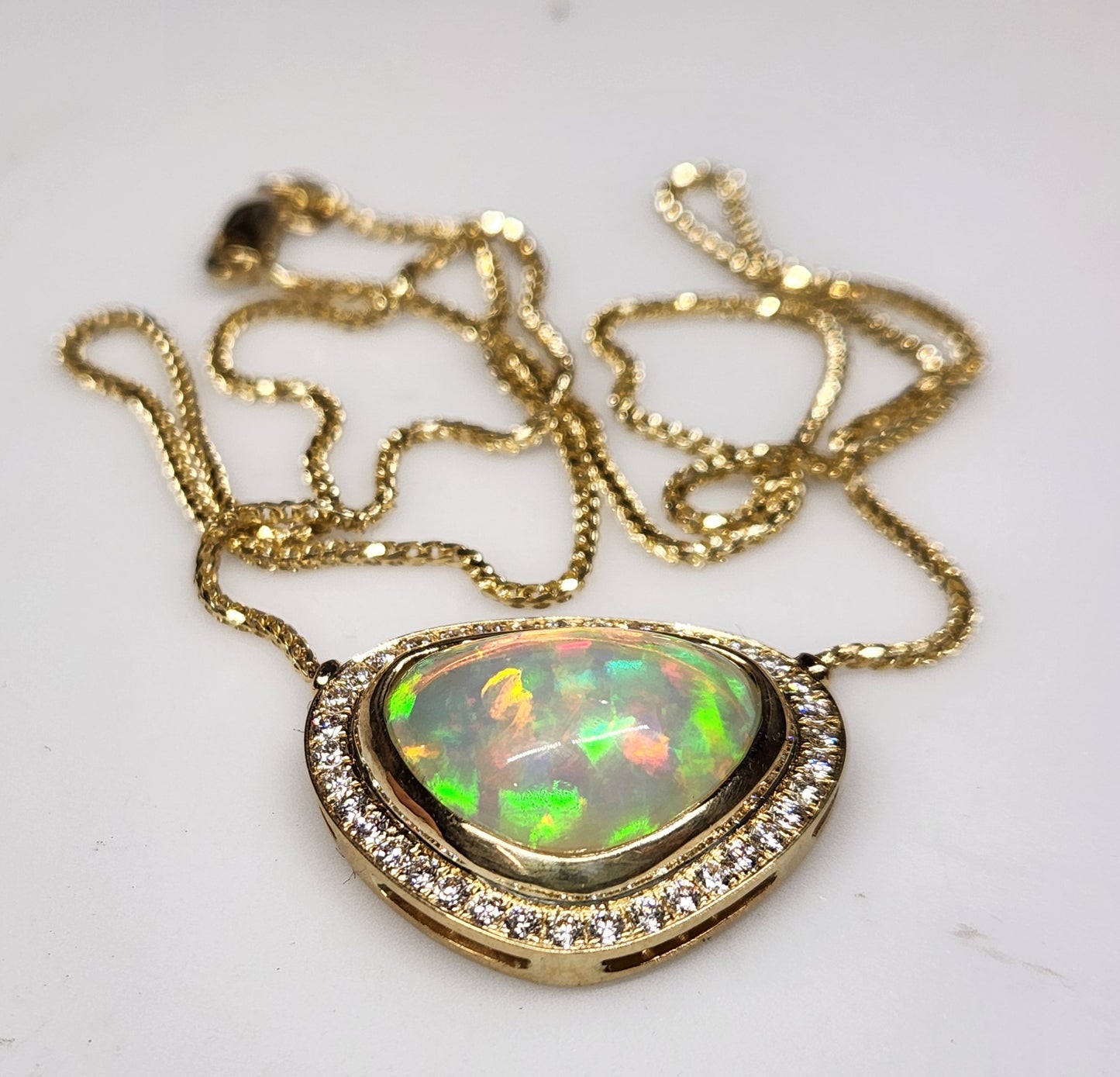 Opal & Diamond 14k Gold Pendant Split Chain Necklace #361