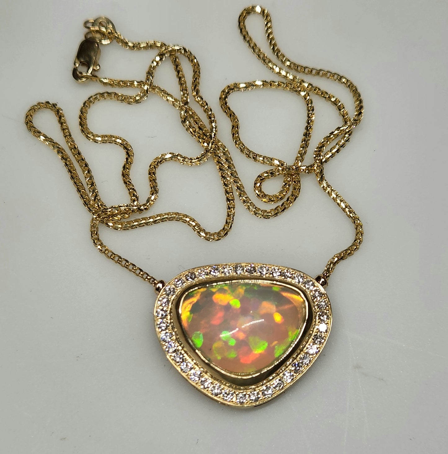 Opal & Diamond 14k Gold Pendant Split Chain Necklace #361