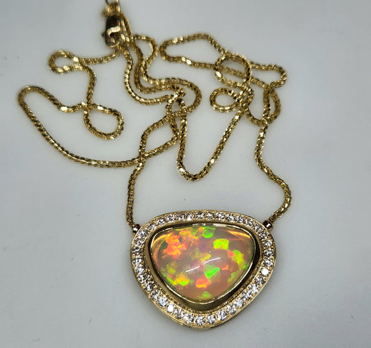 Opal & Diamond 14k Gold Pendant Split Chain Necklace #361