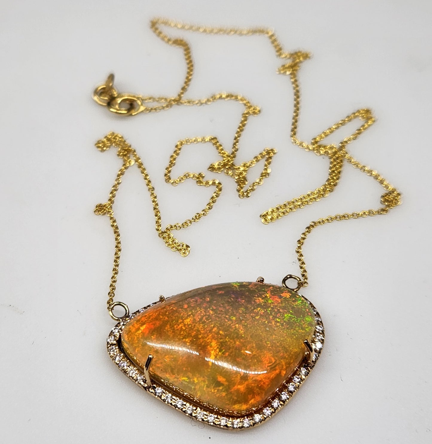 Fire Opal & Moissanite Pendant 14k Yellow Gold Gemstone Necklace #352