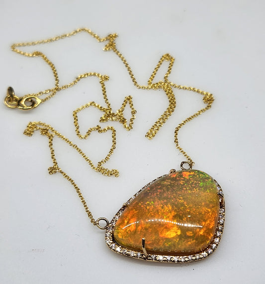 Fire Opal & Moissanite Pendant 14k Yellow Gold Gemstone Necklace #352