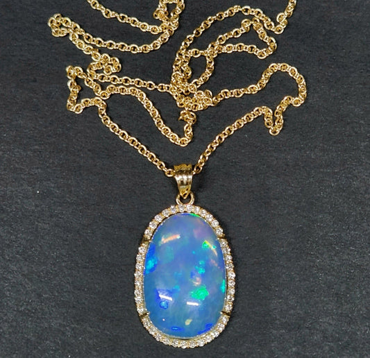 Opal & Diamond 14k Gold Pendant Necklace #353
