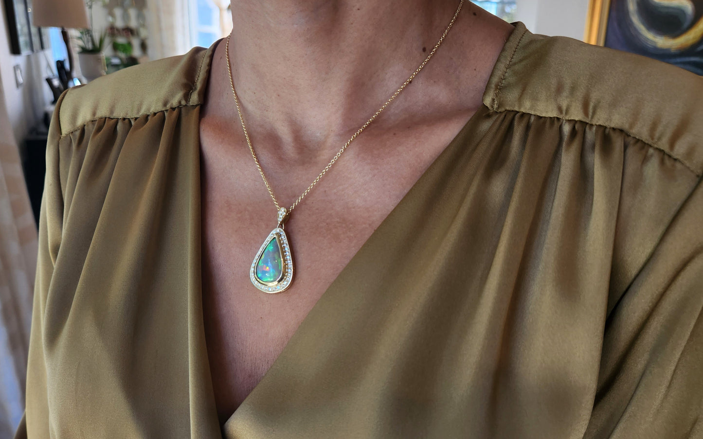 Opal & Diamond Pendant 14k Gold Necklace #363