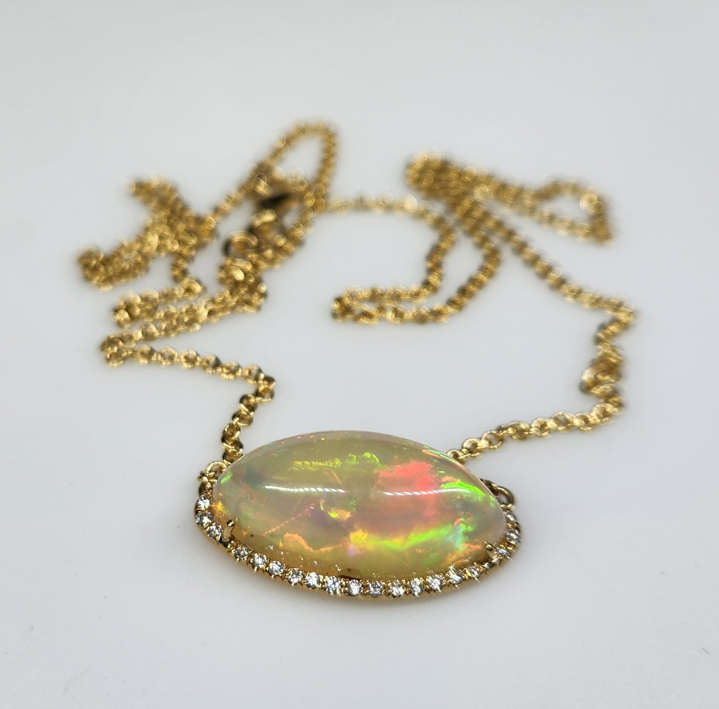 Opal & Diamond Pendant - 14k Gold Split Chain Necklace #365