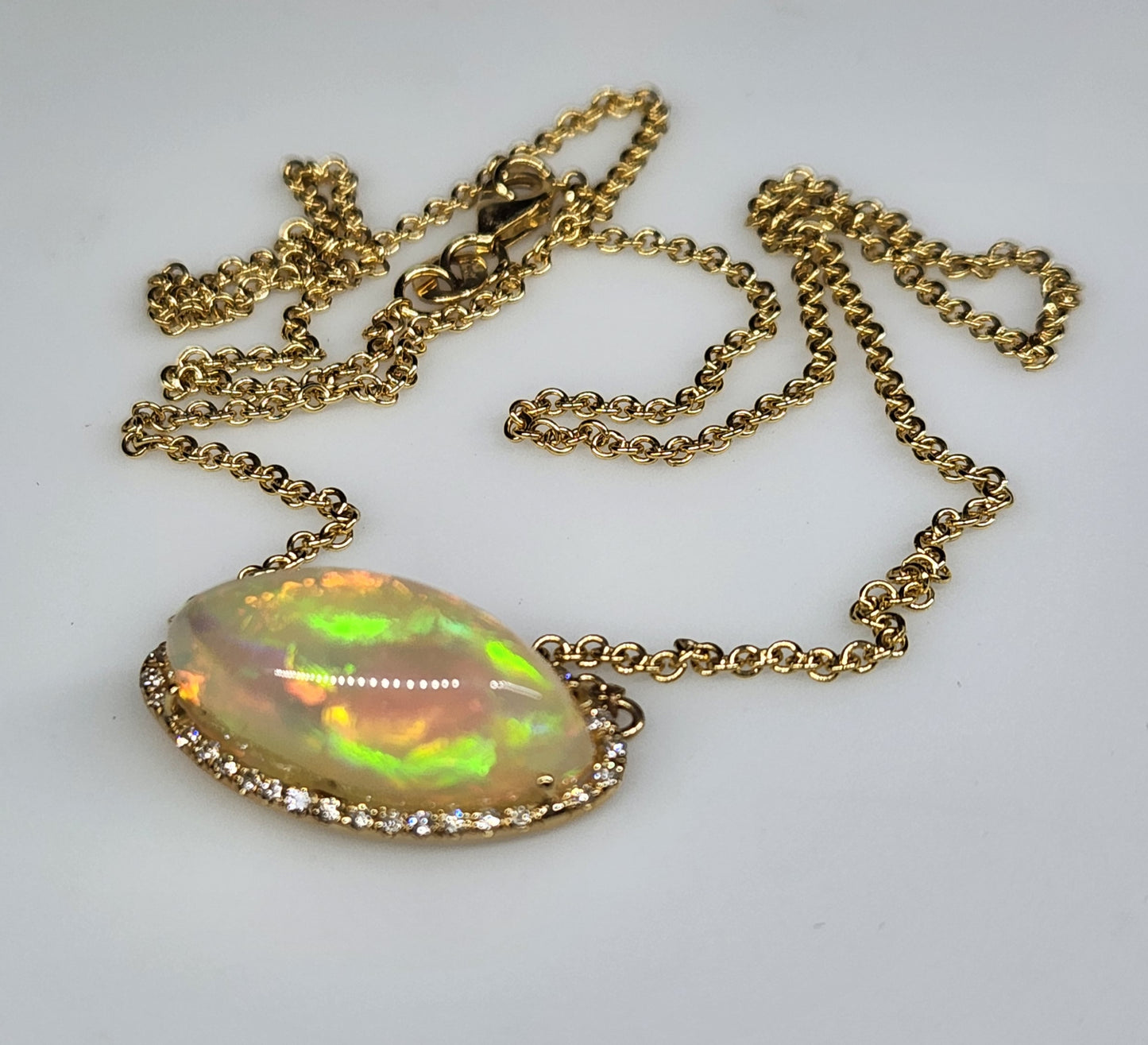 Opal & Diamond Pendant - 14k Gold Split Chain Necklace #365