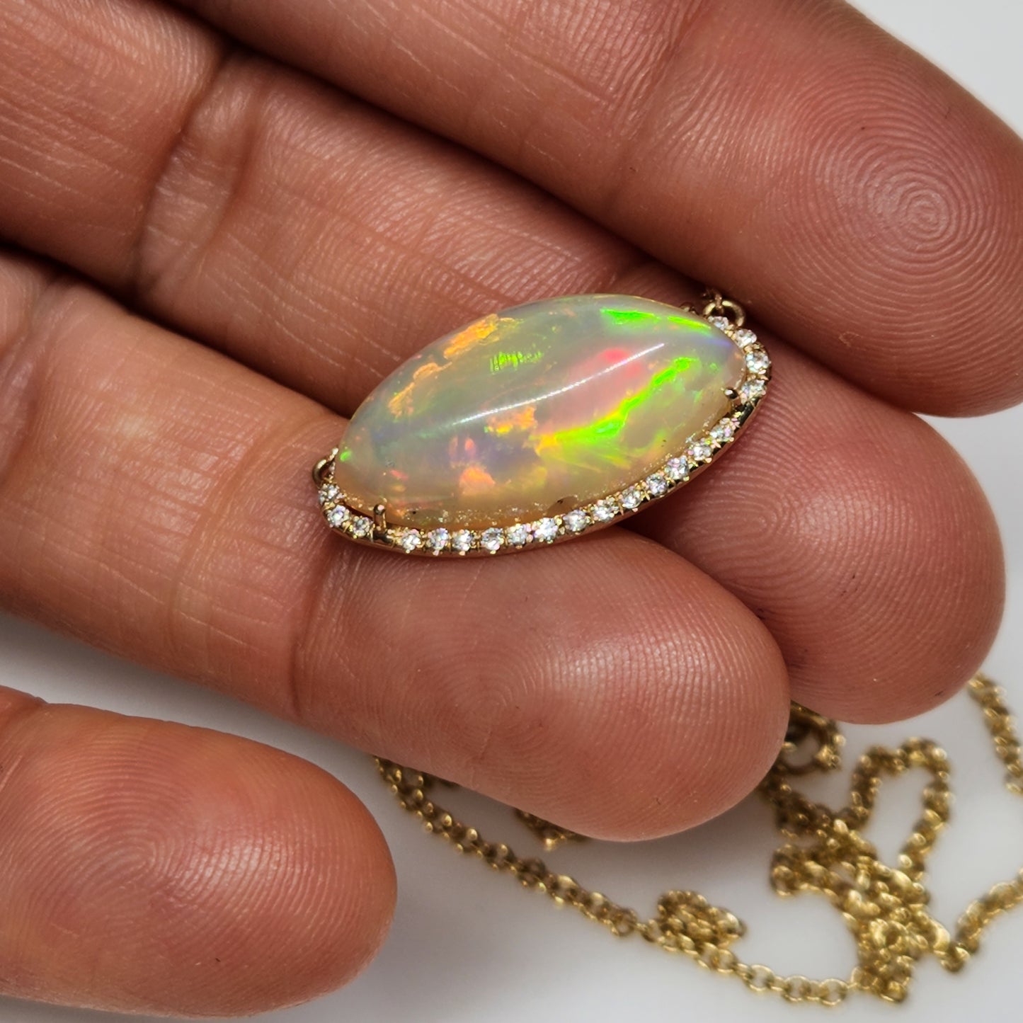 Opal & Diamond Pendant - 14k Gold Split Chain Necklace #365
