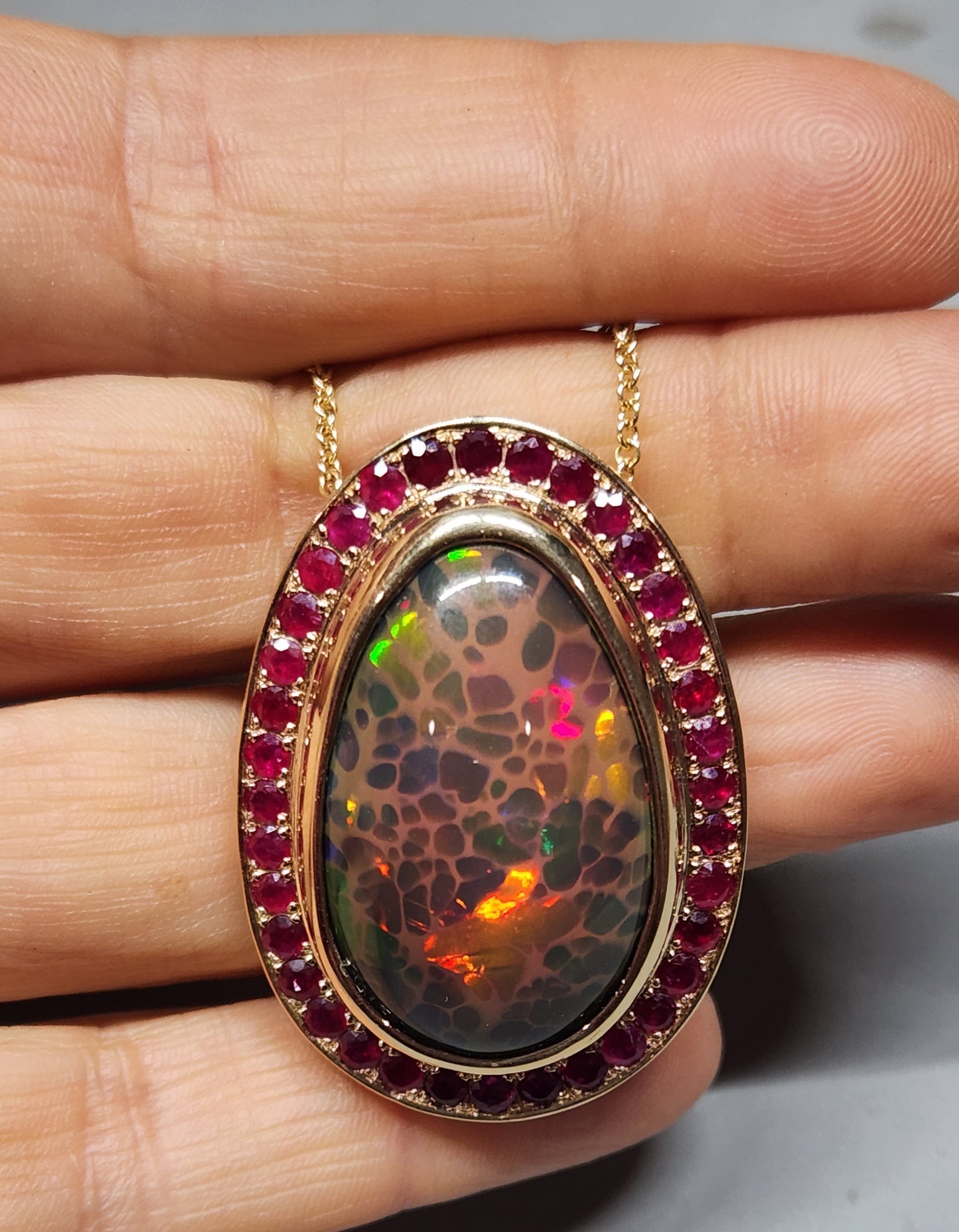Natural Brown Opal & Ruby Pendant 14k Yellow Gold Necklace #367