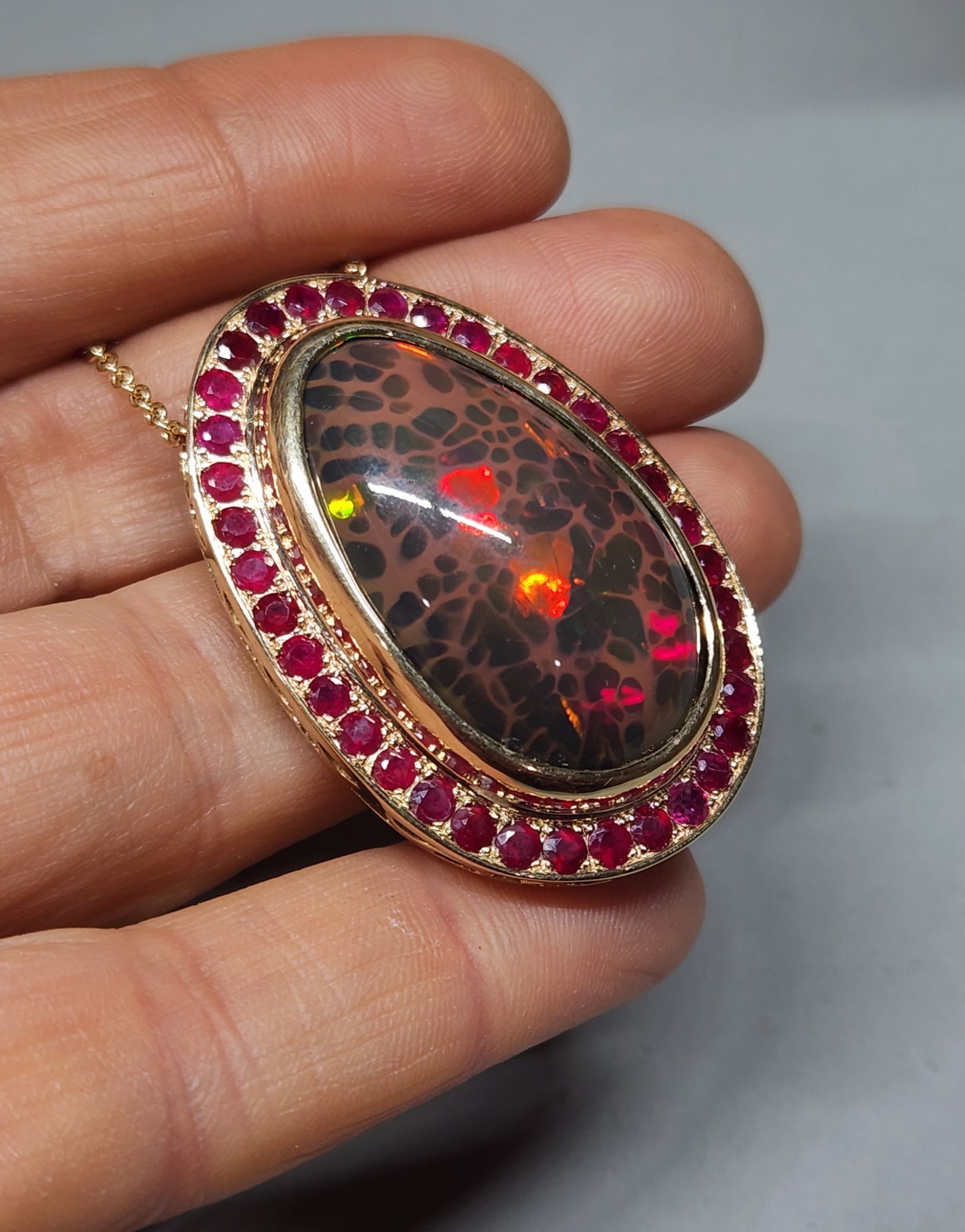 Natural Brown Opal & Ruby Pendant 14k Yellow Gold Necklace #367