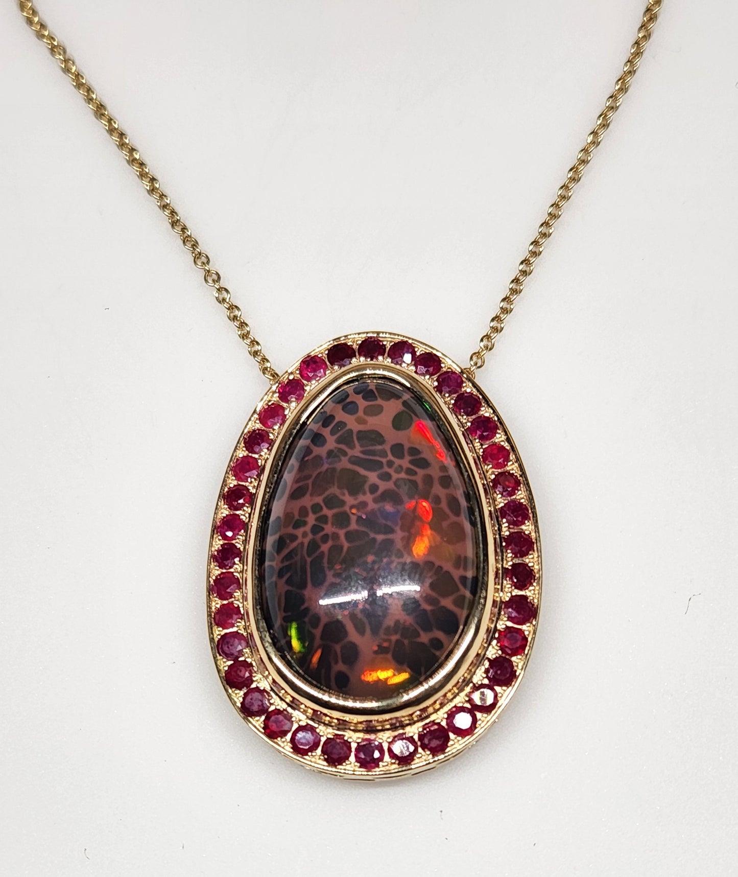 Natural Brown Opal & Ruby Pendant 14k Yellow Gold Necklace #367