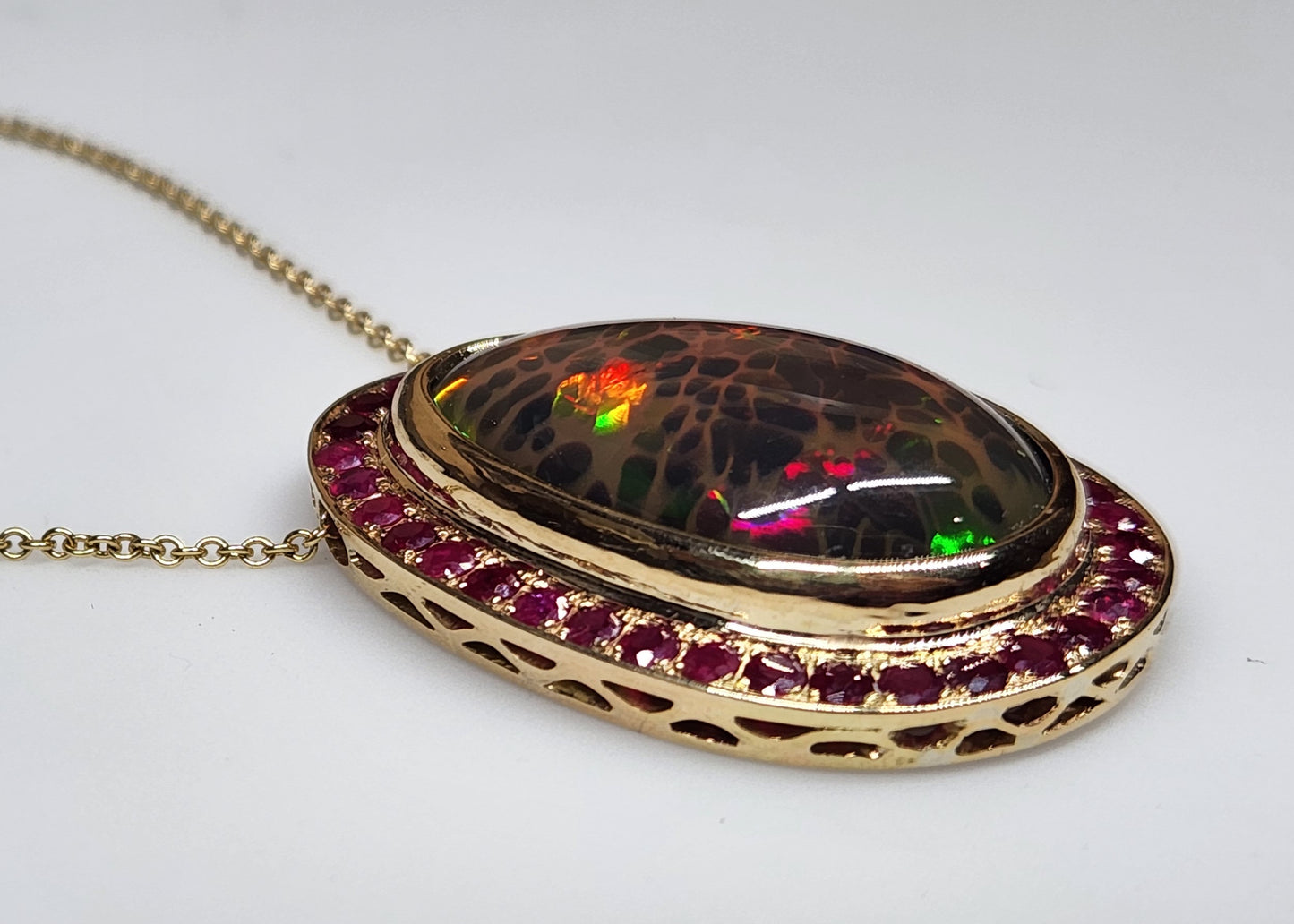 Natural Brown Opal & Ruby Pendant 14k Yellow Gold Necklace #367