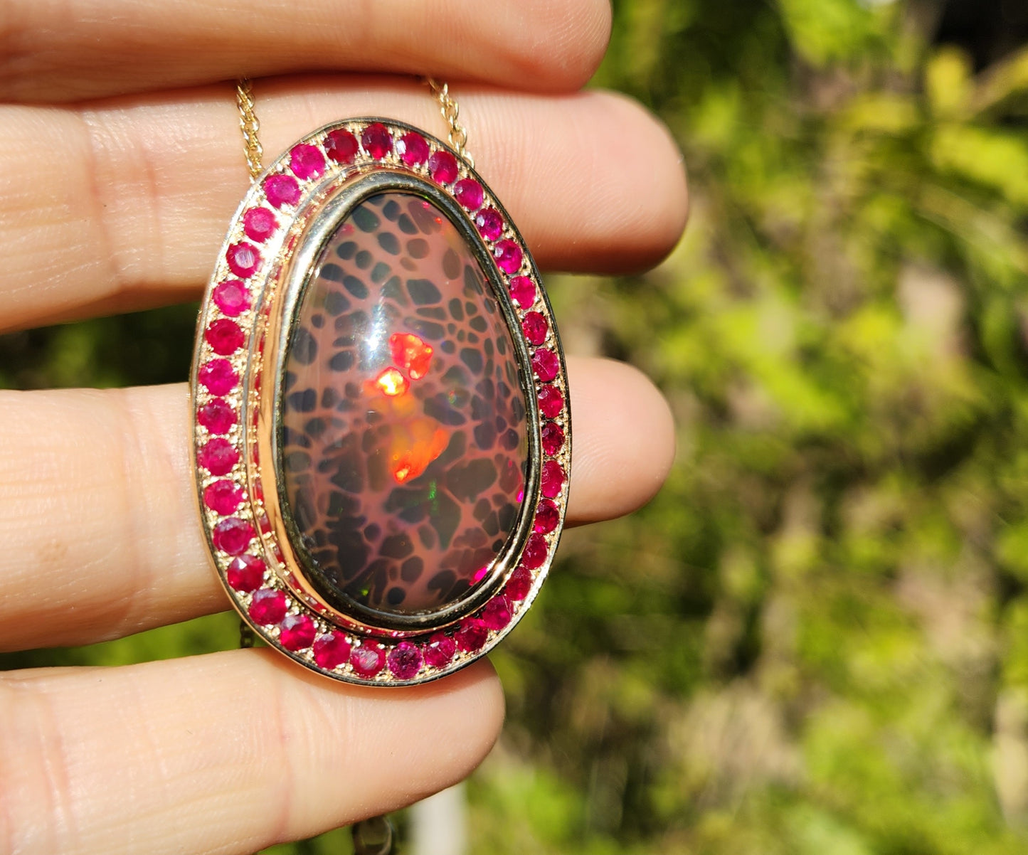 Natural Brown Opal & Ruby Pendant 14k Yellow Gold Necklace #367