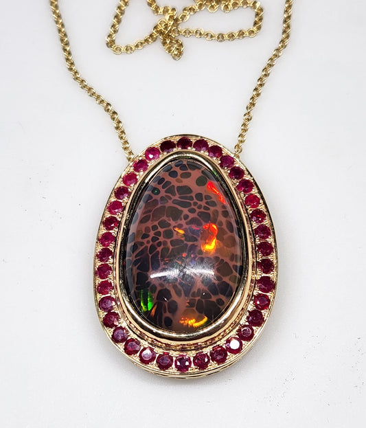 Natural Brown Opal & Ruby Pendant 14k Yellow Gold Necklace #367
