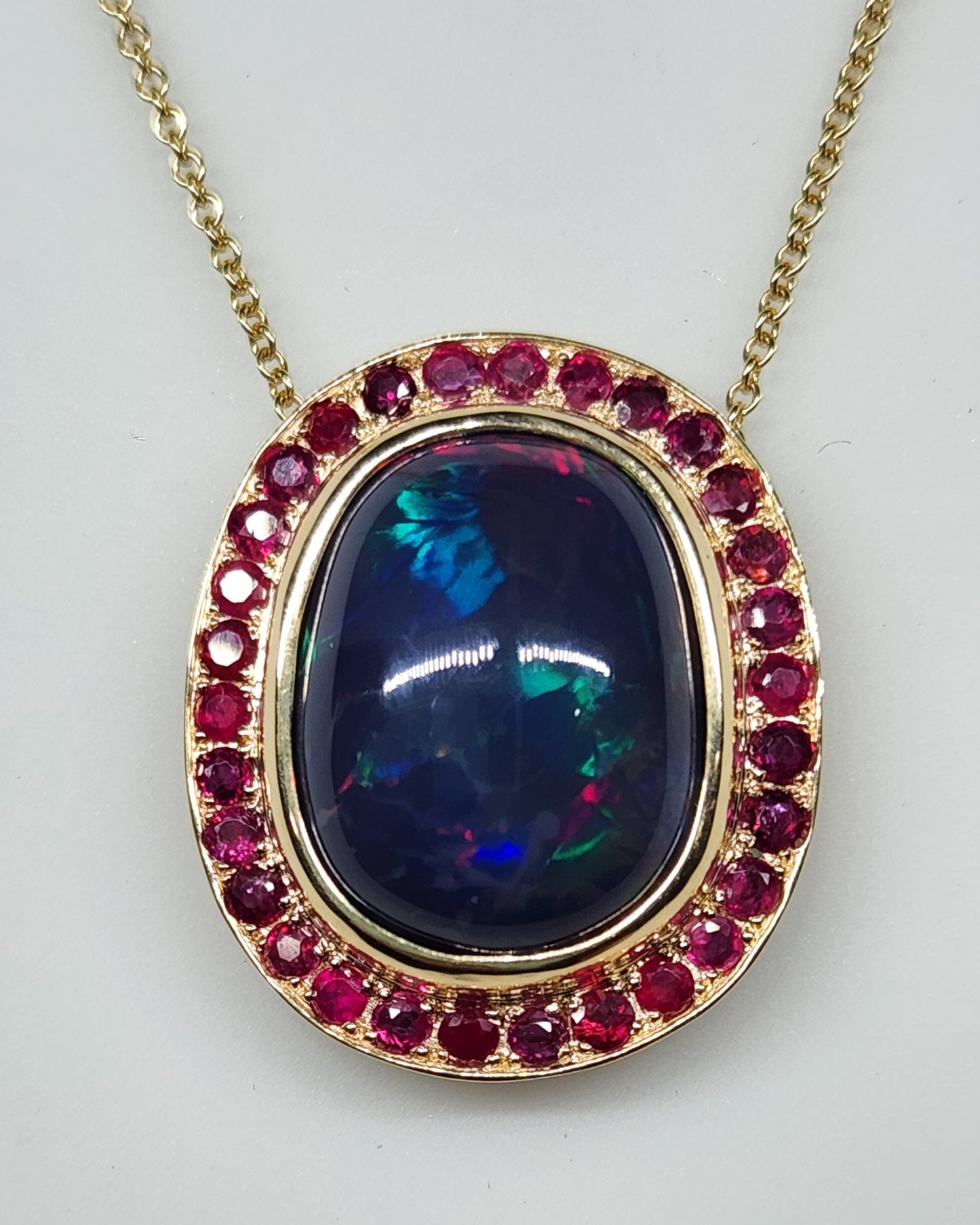 Black Opal & Ruby Pendant 14k Yellow Gold Necklace #368