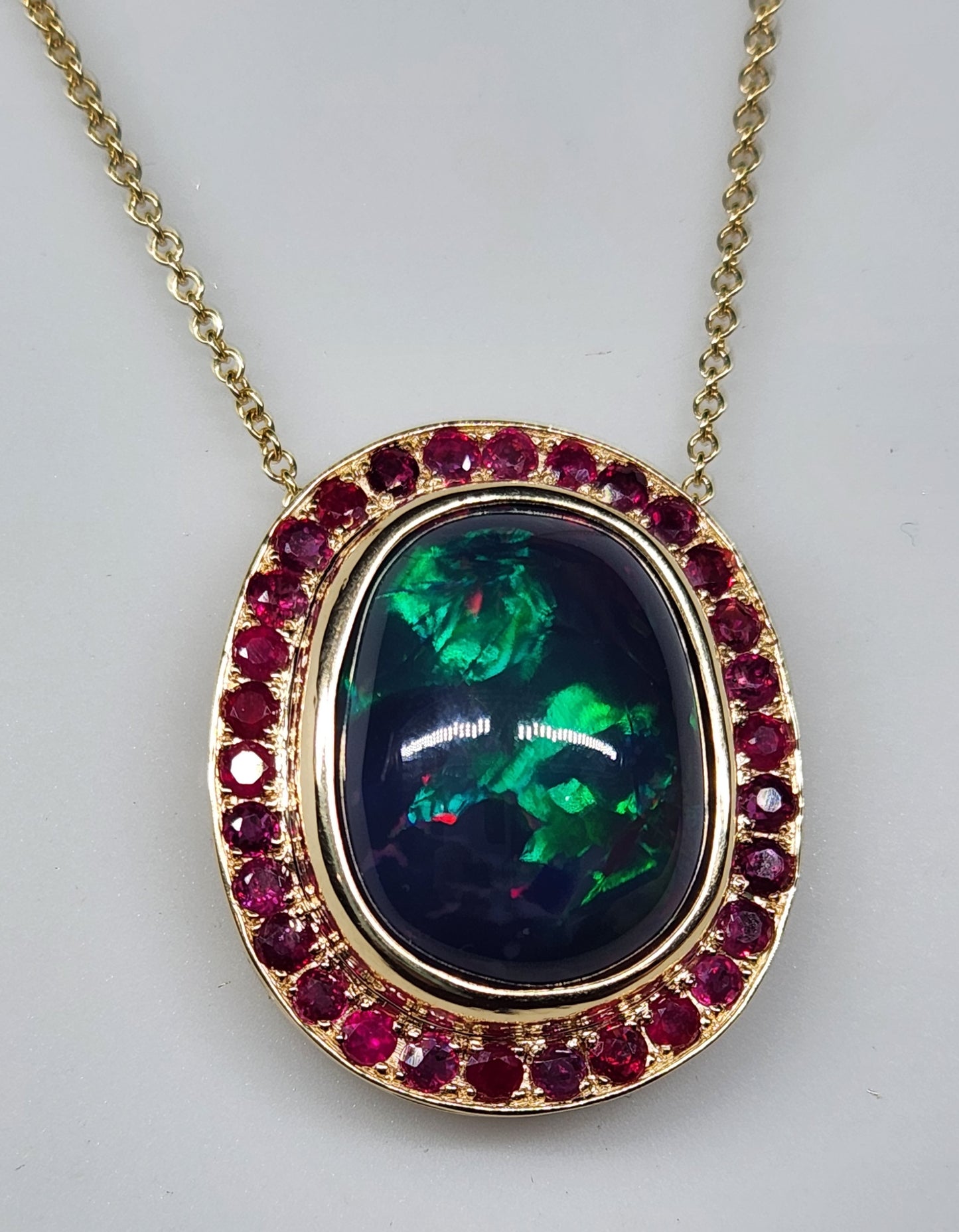 Black Opal & Ruby Pendant 14k Yellow Gold Necklace #368