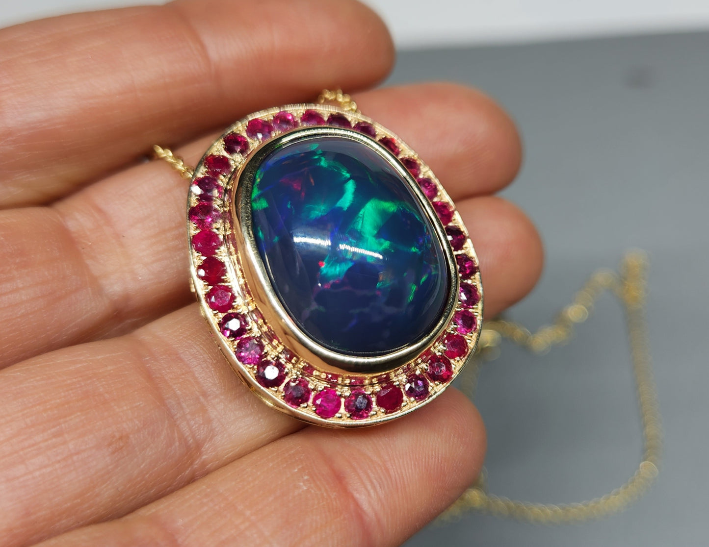 Black Opal & Ruby Pendant 14k Yellow Gold Necklace #368