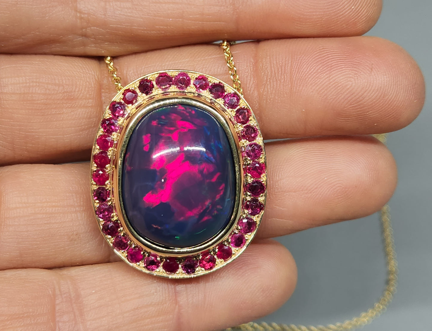 Black Opal & Ruby Pendant 14k Yellow Gold Necklace #368