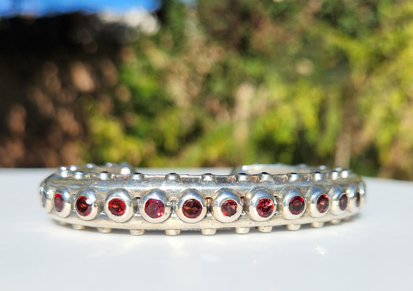 Sterling Silver Red Garnet Gemstone Cuff Bracelet #377